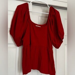 Madewell Puff-Sleeve Peplum Top in Bright Red